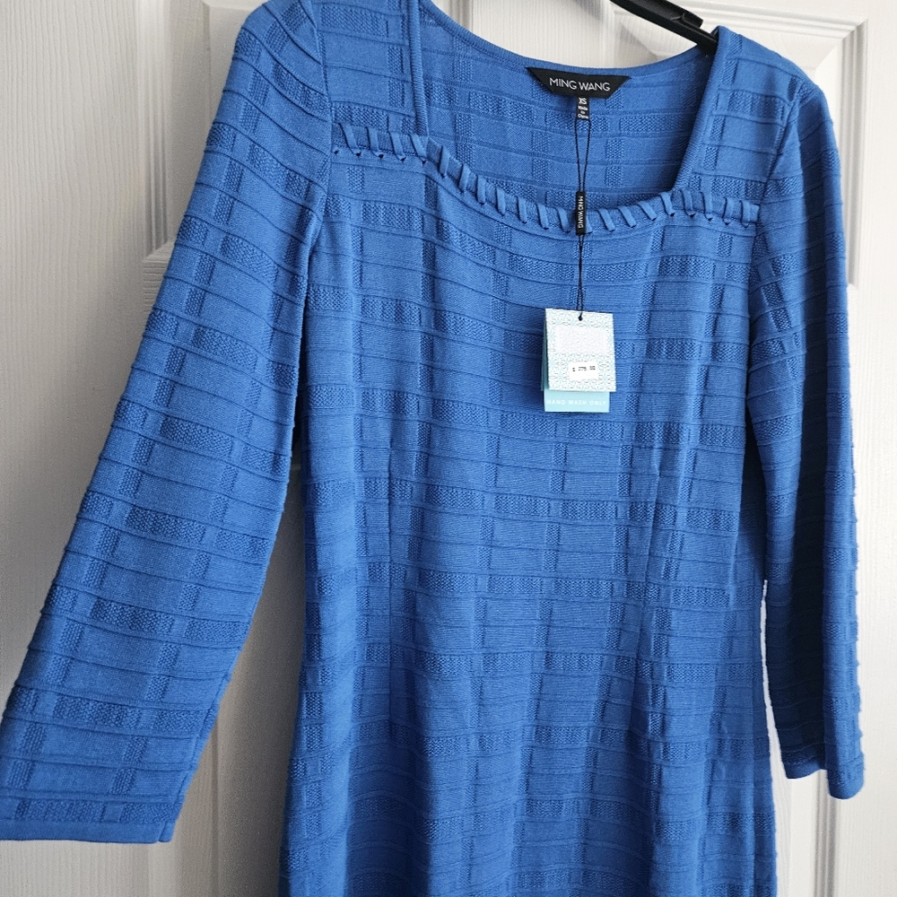 Ming Wang Textured Square Neck 3/4 Sleeve Knee Length Knit Dress: Blue: Size- XS